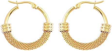 Edforce Women's Stainless Steel Half Hoop Half Mesh Link Hoop Earrings (28mm-40mm)