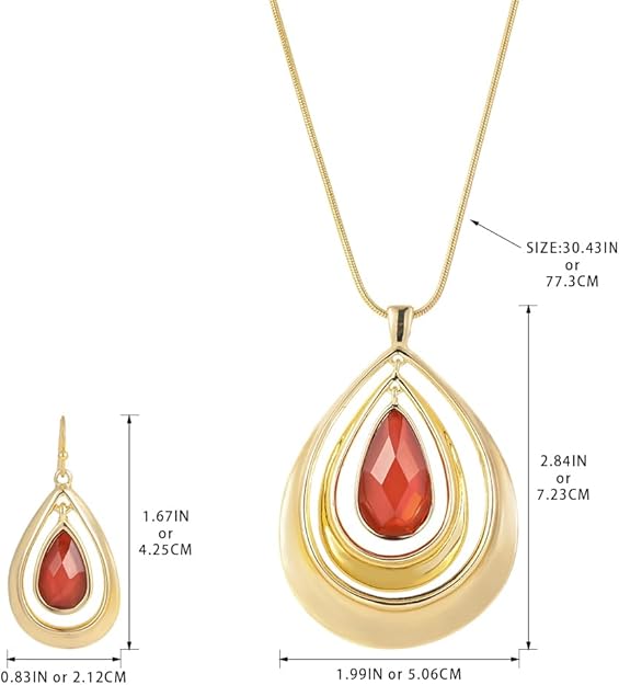 Madison Tyler Gold Plated Jewelry Set for Women | Silver Teardrop Pendant Necklace Trendy | Long Necklace with Snake Chain | Fashion Dangle Earring Set