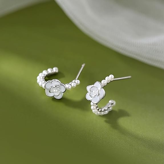 SLUYNZ Sterling Silver Flower Pearls Hoop Earrings for Women Teen Girls Huggie Earrings Wedding Earrings for Statement Bridal Mothers Day Gifts Jewelry