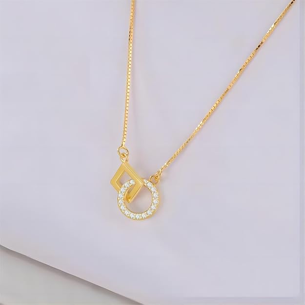 925 Silver Square and Circle Intersect Necklace Pendant Inlay Tiny Zircon Necklace for Womem Wife Girlfriend