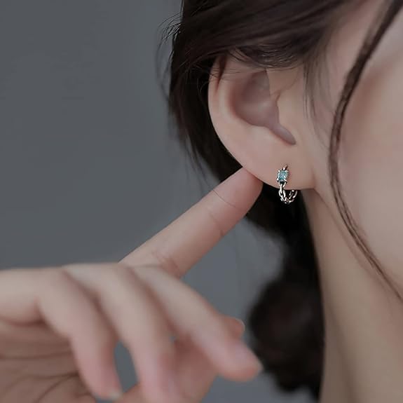 SLUYNZ 925 Sterling Silver Blue CZ Hoop Earrings for Women Teens Link Hoop Earrings Retro Huggie Hoop Earrings