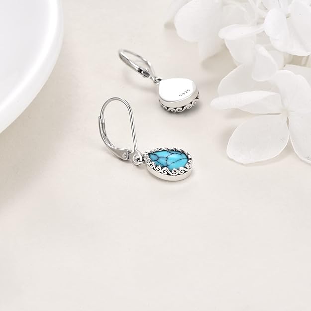 Moonstone/Larimar/Turquoise/Labradorite/Jade/Malachite Teardrop Earrings Sterling Silver Cage Filigree Dangle Drop Earrings for Women
