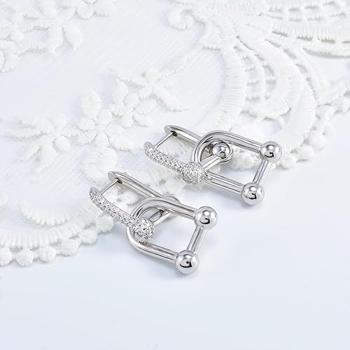 Sterling Silver CZ Ball U Shape Pin Hoop Earrings Paperclip Convertible Link Chain Necklace Thick Chunky Earrings Necklace Y2K Style Hypoallergenic Jewelry Gifts for Women Mom Birthday