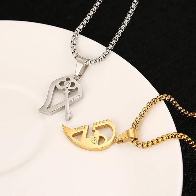 STWTR Men's and Women's Couple Necklace Pendant Love CZ Puzzle Matching Stainless Steel Pendant