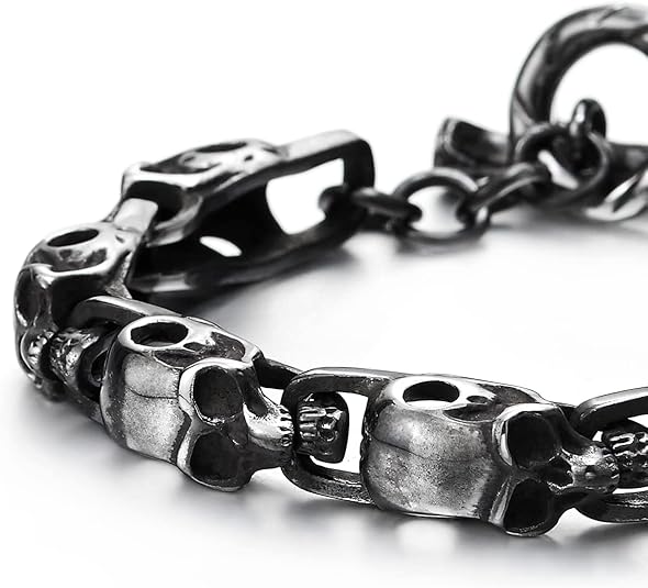 COOLSTEELANDBEYOND Stainless Steel Blackened Old Metal Finishing, Skulls Link Chain Bracelet for Man