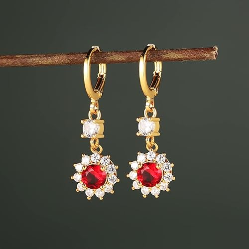HZMAN 14K Gold Plated Rhinestone Flower Earrings for Women Girls Hypoallergenic Cubic Zirconia Dangle Drop Earring Jewelry Wedding Gifts (Red)