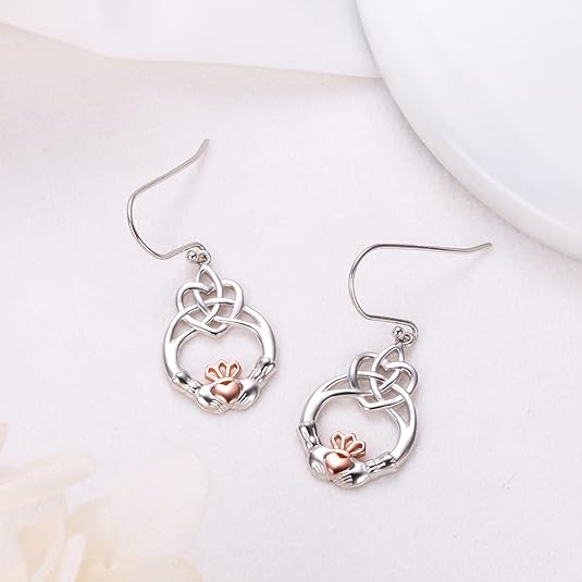 925 Sterling Silver Dangle Earrings for Women Celtic Knot Drop Claddagh/Clover/Lotus/Filigree Earrings Rose Gold Claddagh Hoop Earrings Friendship Jewelry Gift for Women