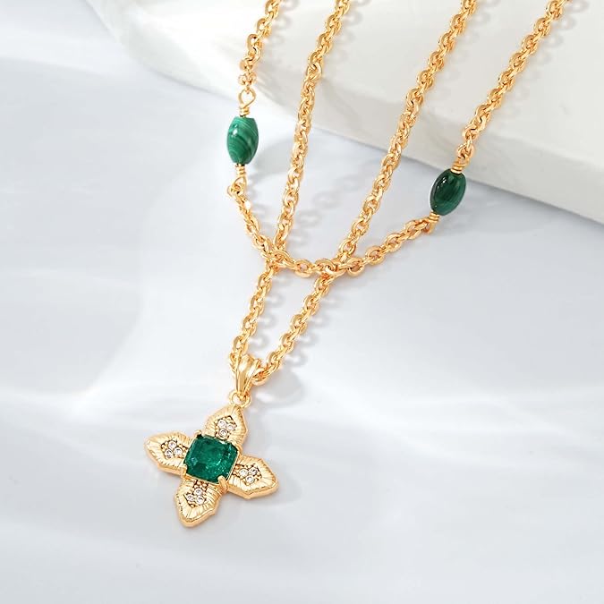 LOYATA Layered Gold Necklace for Women,14K Gold Plated Cubic Zirconia Diamond Necklaces for Women Emerald Green Pendant Necklace Choker Dainty Charm Gold Pendant Necklace for Women Jewelry