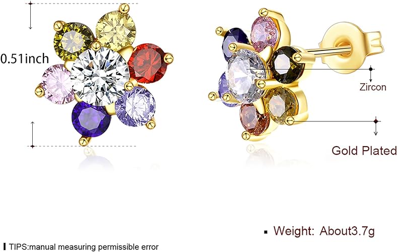 Colored Cubic Zirconia Stud Earrings for Women,14K Gold Plated Crystal Flower Exquisite Earring for Mother, Ladies, Girls