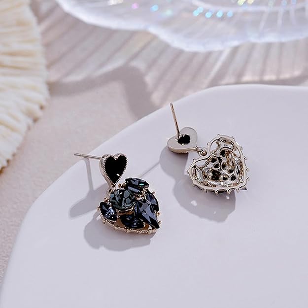 HETICA Double Heart Earrings for Women, Black Cubic Zirconia Heart Drop Earrings Love Heart Dangle Earrings Jewelry Gifts for Women