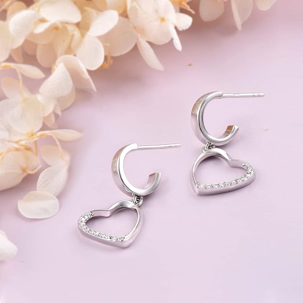 18K White Gold Plated Heart Earrings/Necklace for women Love Heart Drop Earrings/Necklace with 5A Cubic Zirconia, Hypoallergenic Jewelry Gift for Women
