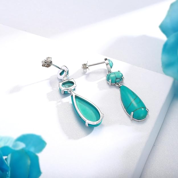 Sterling Silver Turquoise Dangle Earrings for Women: Bohemia Hypoallergenic Dangle Drop Stud Earrings Jewelry Gift Birthday Mother's Day Christmas Gift for Women