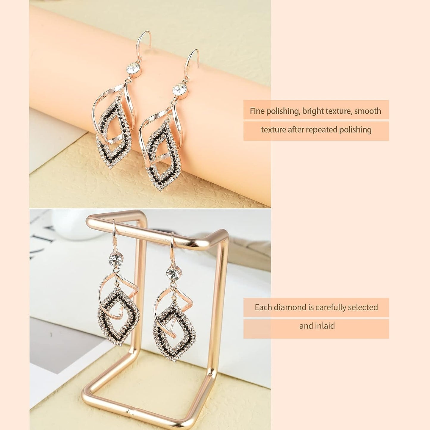 Dangle Earrings for Women and Teen Girls, 925 Silver Handmade Linear Swirl Wire Bohemian Boho Diamonds Earrings, Gifts for Women (Rose Gold, Hoho Diamonds)