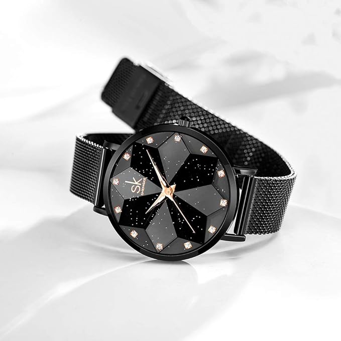 Creative Ultra Thin Minimalist Starry Sky Flower Dial Women Watch with Stainless Steel Mesh Band Genuine Leather Elegant Women Watches