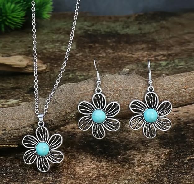 Vintage Style Women's Earrings Necklace 3 Piece Set Antique Silver Drop Shaped Turquoise Pendant