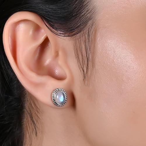 925 Sterling Silver Rainbow Moonstone Oxidised Stud Earrings, June Birthstone Crystal Earrings, Handmade Gemstone Jewelry for Girls & Women's, Trendy Silver Jewelry