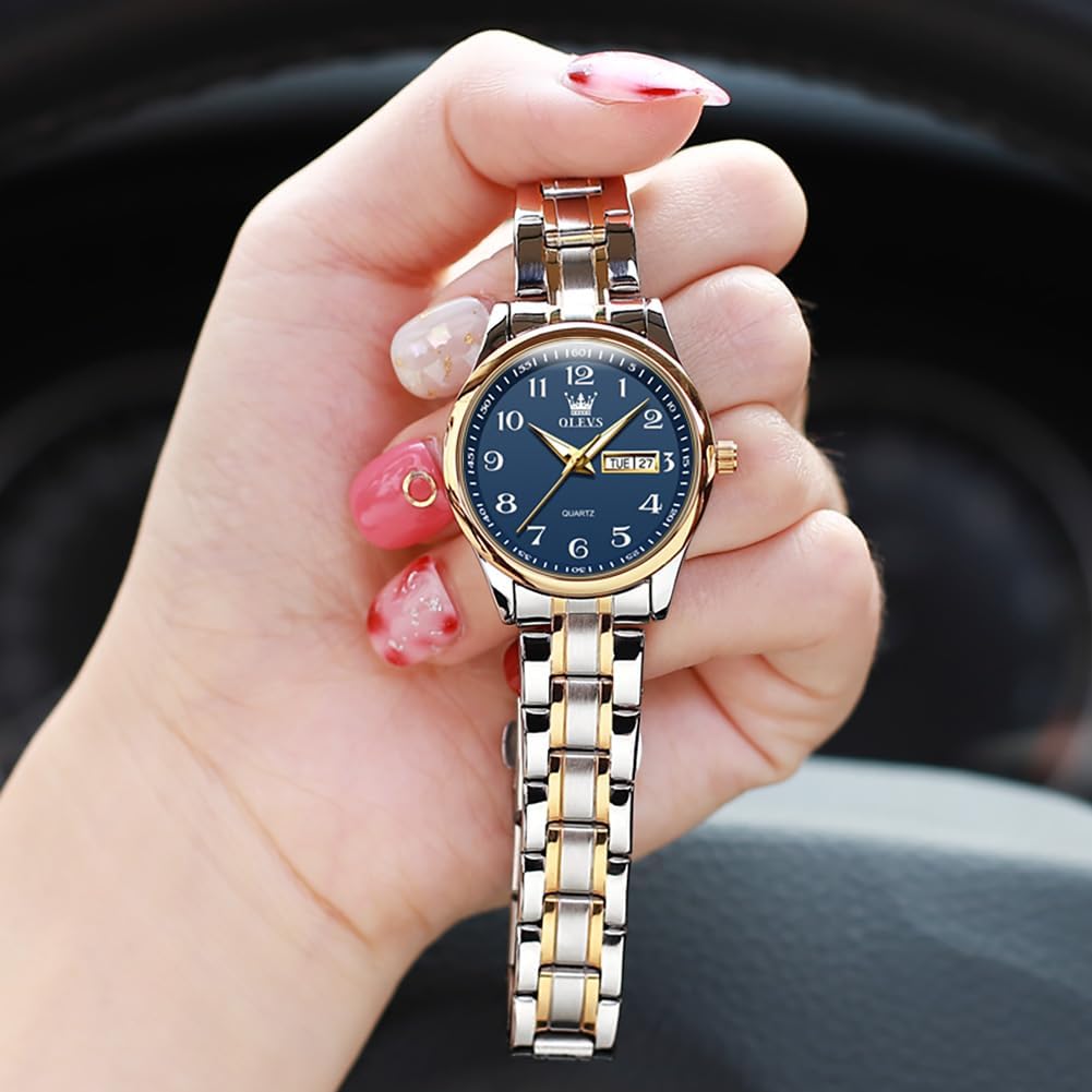 OLEVS Luxury Ladies Watches,Women's Watch with Day and Date,Female Watch for Small Wrist,Gold Stainless Steel Watches for Women,Easy Read Ladies Wrist Watches Waterproof(Adjustable Strap