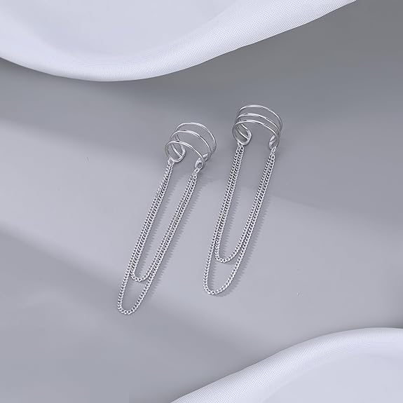SLUYNZ 925 Sterling Silver No Piercing Cuff Earrings Chain for Women Teen Girls Wrap Earrings Tassel Clip On Ear