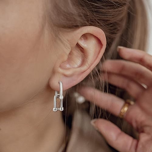 Sterling Silver CZ Ball U Shape Pin Hoop Earrings Paperclip Convertible Link Chain Necklace Thick Chunky Earrings Necklace Y2K Style Hypoallergenic Jewelry Gifts for Women Mom Birthday