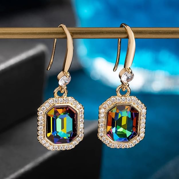 Austrian Crystal Halo Octagon Drop Dangle Earrings for Women 14K Rose Gold Plated Hypoallergenic Jewelry Gifts for Women Girls
