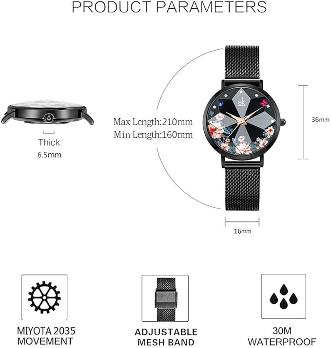 SHENGKE Creative Starry Sky Women Watch with Stainless Steel Mesh Band Genuine Leather Elegant Floral Women Watches