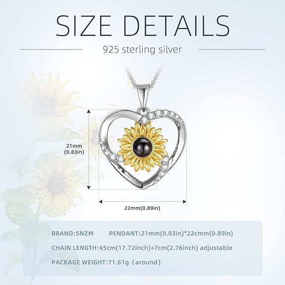 SNZM Heart Necklace for Women 100 Languages I Love You Crystal Pendant, Sunflower Jewelry Gifts for Mum, Girlfriend On Anniversary, Birthday, Valentine's Day