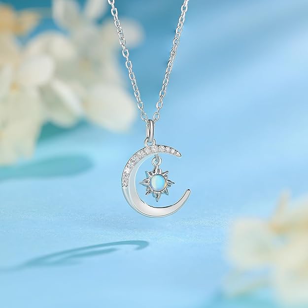 Silver Moon and Sun Necklace for Women, Moon Opal Pendant Necklace Dainty Trendy Celtic Necklace Jewelry Gift