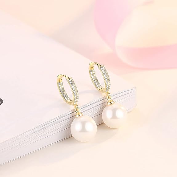 Pearl Dangle Earrings for Women Girls 14K White Gold Plated Cubic Zirconia