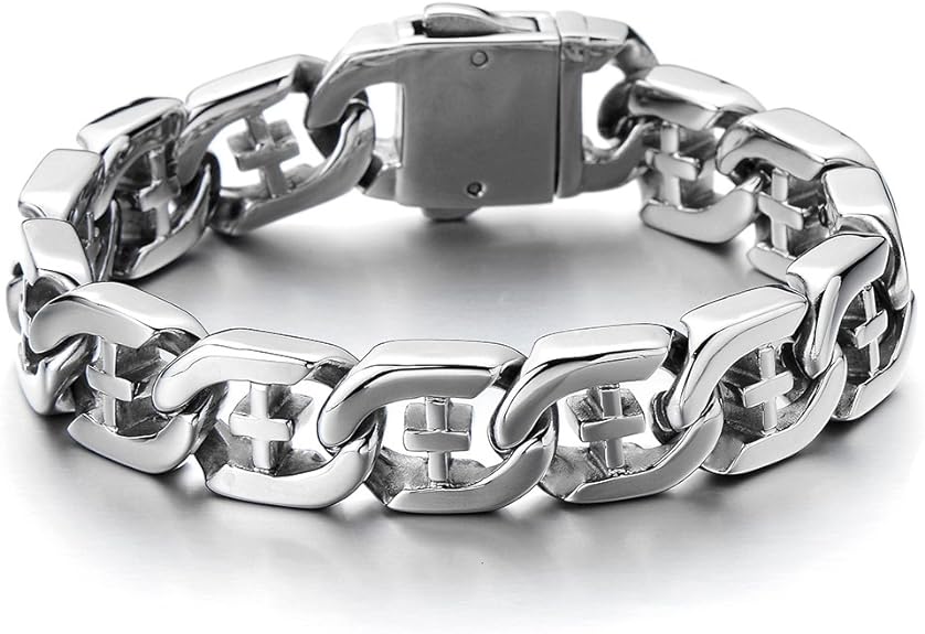 COOLSTEELANDBEYOND Men's Stainless Steel Curb Chain Bracelet with Cross Silver Color High Polished
