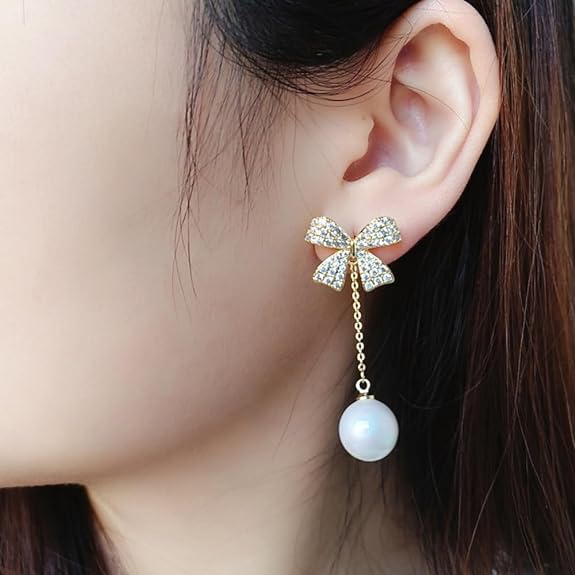 MIKAMU 14K Gold bow Earrings for Women CZ cubic zirconia Gold Plated trendy Pearl Earring for Women Jewelry Birthday Gifts for