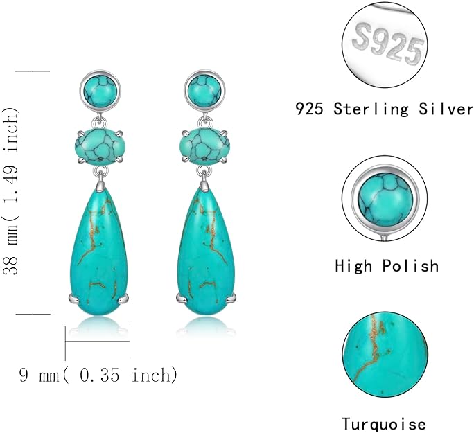 Sterling Silver Turquoise Dangle Earrings for Women: Bohemia Hypoallergenic Dangle Drop Stud Earrings Jewelry Gift Birthday Mother's Day Christmas Gift for Women