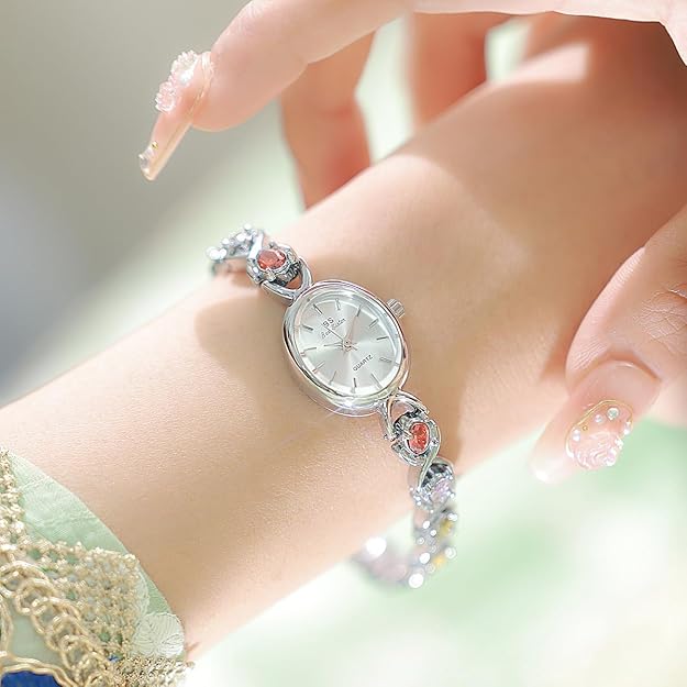 MASTOP Luxury Vintage Colorful Crystal Oval Watch Fashion Ladies Small Dial Dress Quartz Wrist Watch Waterproof Watch Fashion Bangle with Stainless Steel Band