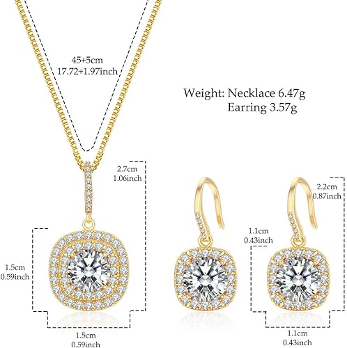 MARSHILY Pendant Halo Earrings and Delicate Chain Necklace Set Wedding Jewelry Sets for Women, 18k Gold Plated