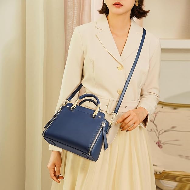 FOXER Leather Handbags for Women, Genuine Leather Ladies Top-handle Bags with Adjustable Shoulder Strap Women's Crossbody Bag Womens Real Cowhide Satchels Leather Messenger Tote Bags(Dark Blue)