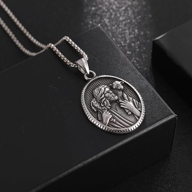 NIGHTCRUZ Jesus Shepherd Necklace, Oval Religious Medal Medallion Stainless Steel for Men