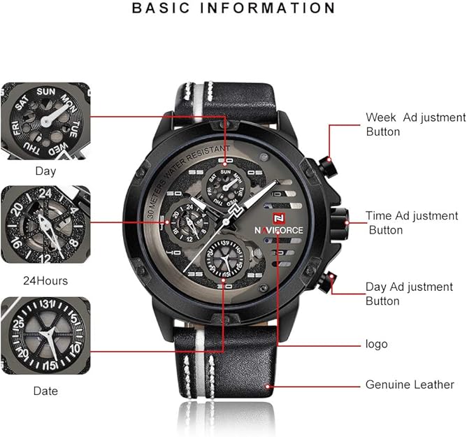 NAVIFORCE Sport Military Watches for Men Waterproof Watch Analog Quartz Leather Band Date Calendar Clock Wristwatch