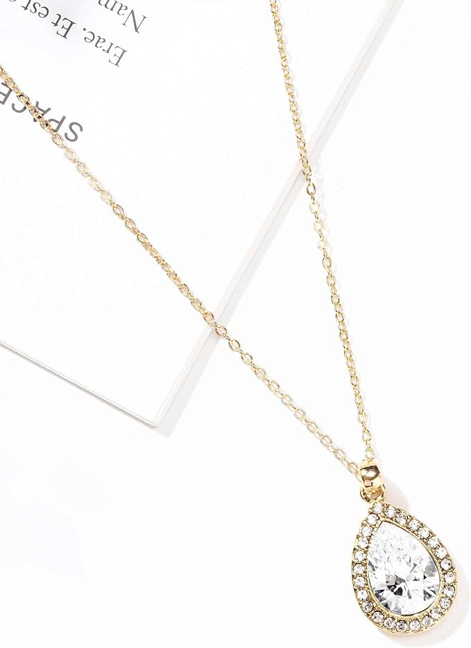 ZHUWE Bridesmaid Jewelry Set Gift for Wedding,18K Gold/Rose Gold/Silver Plated Teardrop Pendant Necklace Earring Set for Women Girls