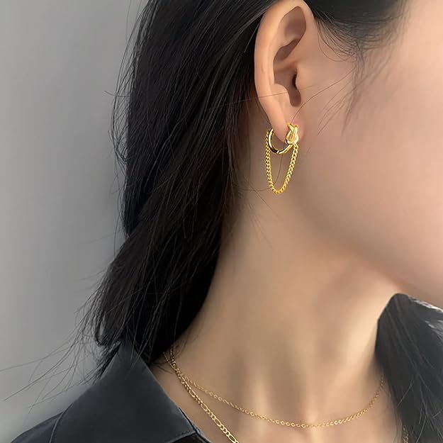 SLUYNZ 925 Sterling Silver Punk Chain Small Hoop Earrings for Women Men Teen Girls Minimalist Hoop Earrings Tassel