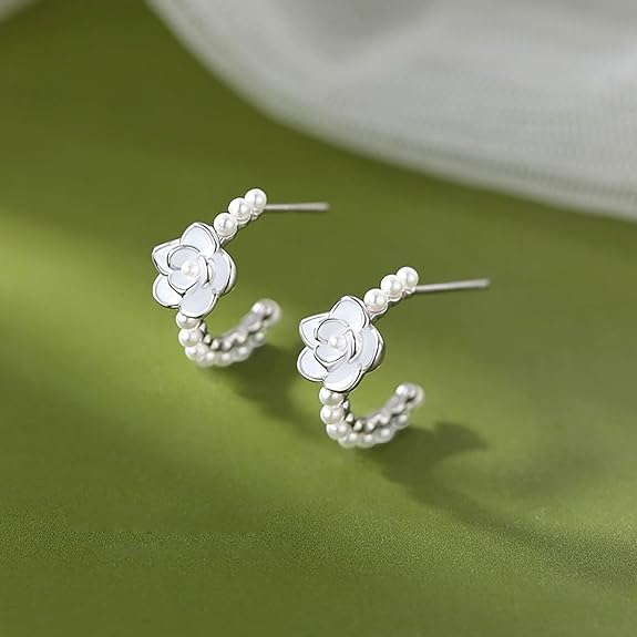 SLUYNZ Sterling Silver Flower Pearls Hoop Earrings for Women Teen Girls Huggie Earrings Wedding Earrings for Statement Bridal Mothers Day Gifts Jewelry