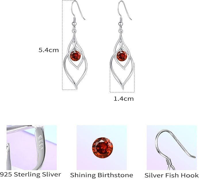 Birthstone Dangle Drop Earrings for Women - 925 Sterling Silver Birthstones Double Twist Leaf Linear Swirl Earrings Infinity Piercing CZ Fish Hook Earring, Classic Birthday Jewelry