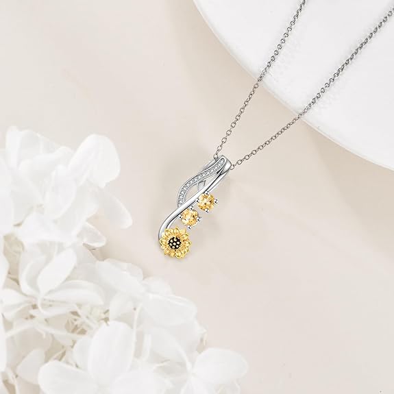 Sunflower 925 Sterling Silver Necklace Citrine Pendant Jewelry Gifts for Women Mother's Day Birthday Anniversary