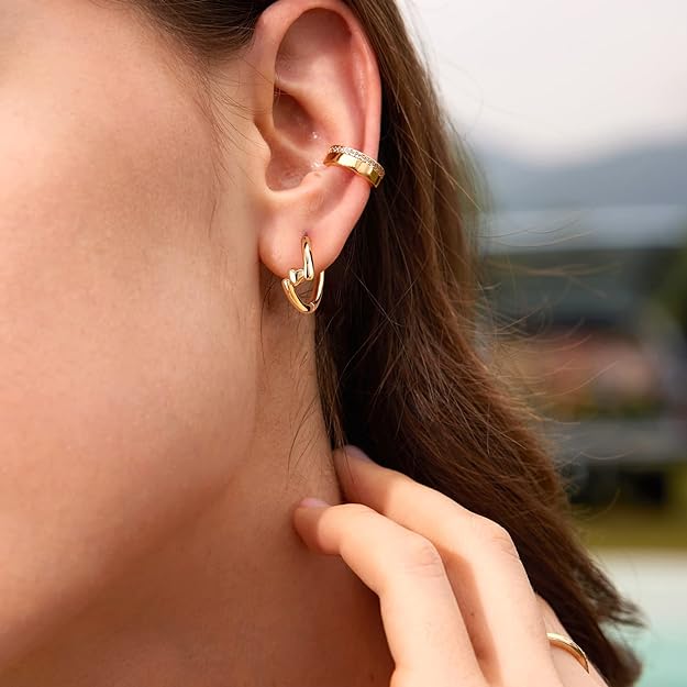 Dremmy Studios Dainty CZ Huggie Hoop Earrings 14K Gold Plated Chunky Simple Cute Thick Round Frill Bead Ball Starburst Cuff Earrings Cubic Zirconia Hoop Earrings Minimalist Personalized Gift for Her