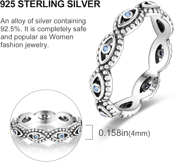 NARMO 925 Sterling Silver Women Rings Moon Star Ring Evil Eye Ring Colorful Cubic Zirconia Ring Stackable Vintage Rings Statement Rings for Women Size 8