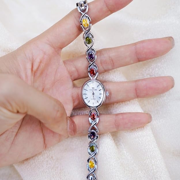 MASTOP Luxury Vintage Colorful Crystal Oval Watch Fashion Ladies Small Dial Dress Quartz Wrist Watch Waterproof Watch Fashion Bangle with Stainless Steel Band