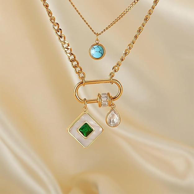 HETICA Gold Mother of Pearl Pendant Women Necklace, Double Layers Turquoise Cubic Zirconia Necklace Stainless Steel Delicate Fashionable Collar Chain Gift