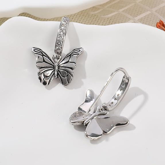 Vintage Silver Dangle Butterfly Earrings for Women Punk Butterfly Cubic Zirconia Huggie Hoop Earrings Drop Intersect Fairy Butterfly Earrings Spring Summer Jewelry Gift for Women