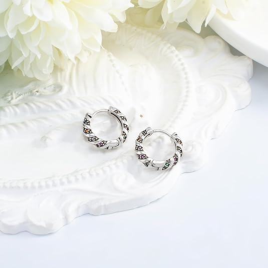 Vintage Rainbow Hoop Earrings Silver Colorful Cubic Zirconia Cartilage Cuff Hoop Earrings Hypoallergenic Multicolor CZ Tiny Piercing Huggie Jewelry for Women Daughter Birthday Gifts