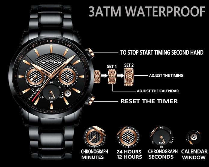 CRRJU Men's Business Casual Chronograph Quartz Waterproof Wristwatch Black Leather Strap