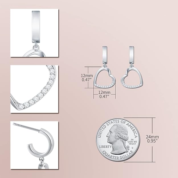 18K White Gold Plated Heart Earrings/Necklace for women Love Heart Drop Earrings/Necklace with 5A Cubic Zirconia, Hypoallergenic Jewelry Gift for Women