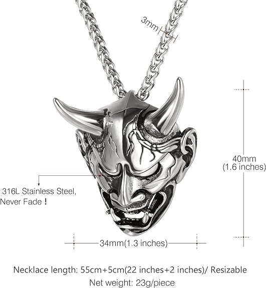 U7 Hannya Mask Necklace, Mens Gothic Punk Pendant, Stainless Steel Silver Black Personalized Evil Demon Horn Jewelry Oni Necklaces with 22 Inch Chain
